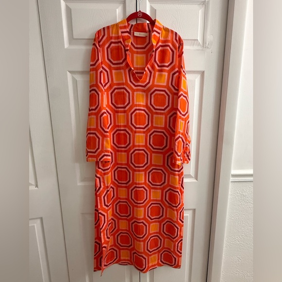 Tory Burch Long Striped Geometric Dress Size M Cotton Kaftan Swim Beach Cover - Picture 2 of 15